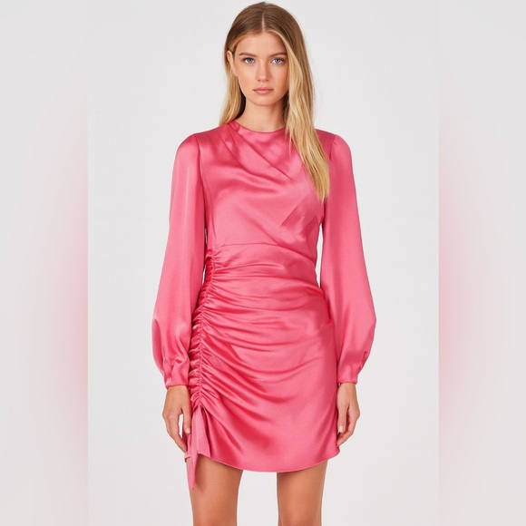 Cinq à Sept Barbie Pink Natalia Smooth Satin Long Sleeve Dress - Picture 1 of 16